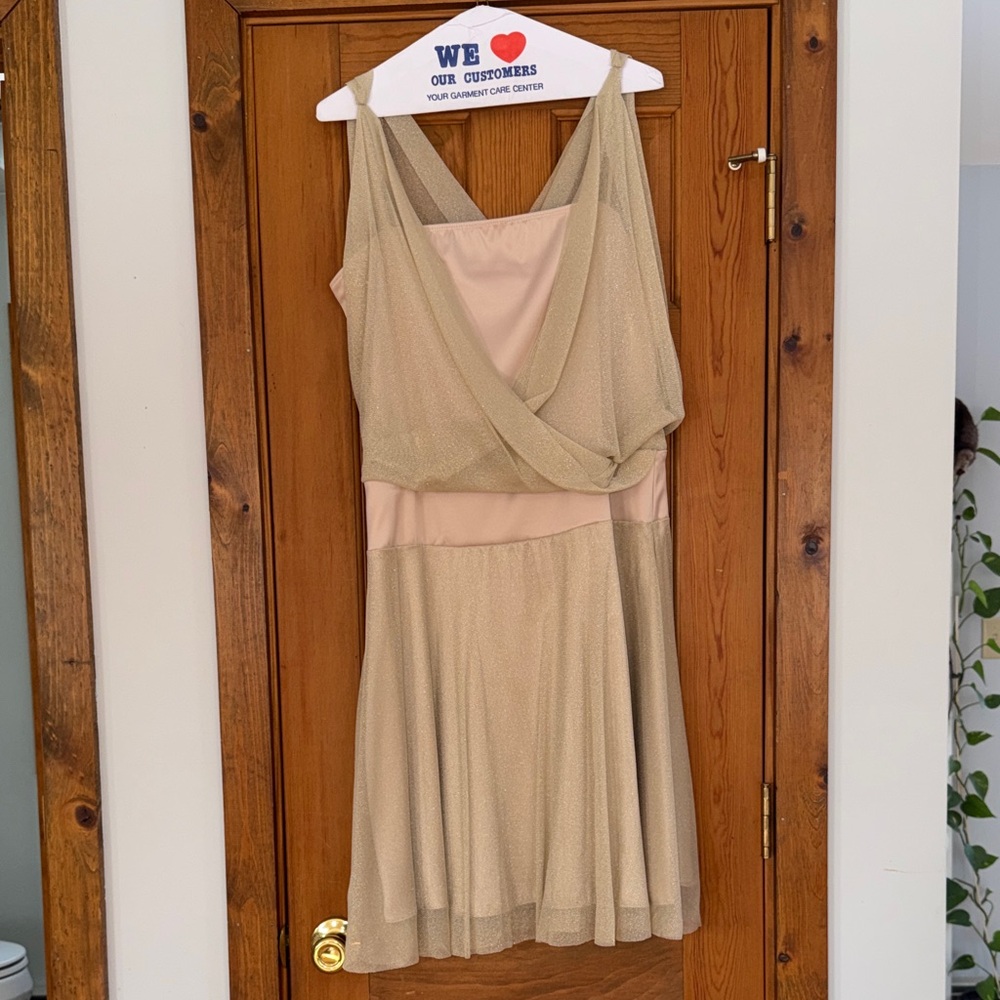 Aqua Bloomingdales Gold Nude Cowl Draped Mesh Dress